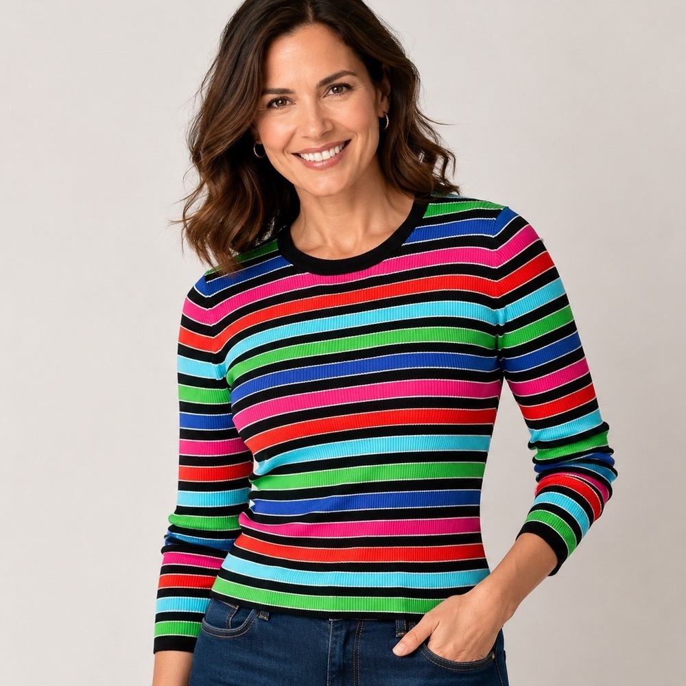 Jones New York Signature Petite PL Rainbow‎ Stripe Rib Knit Sweater Top